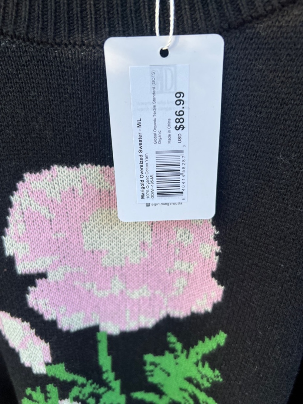 Girl Dangerous Black Crewneck Sweater with Pink Floral Motif - Picture 2 of 3